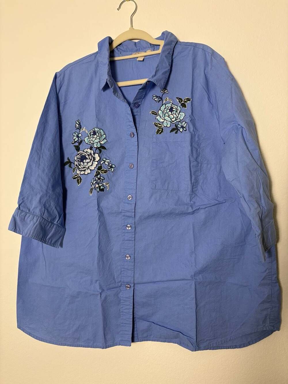 New Woman Within Sz 1X French Blue Boho Floral Embroidered Hippie Cotton Tunic